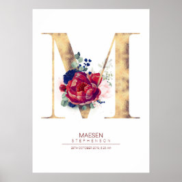 Bokstav M Monogram Blommig Marinblå och Vinröd Poster