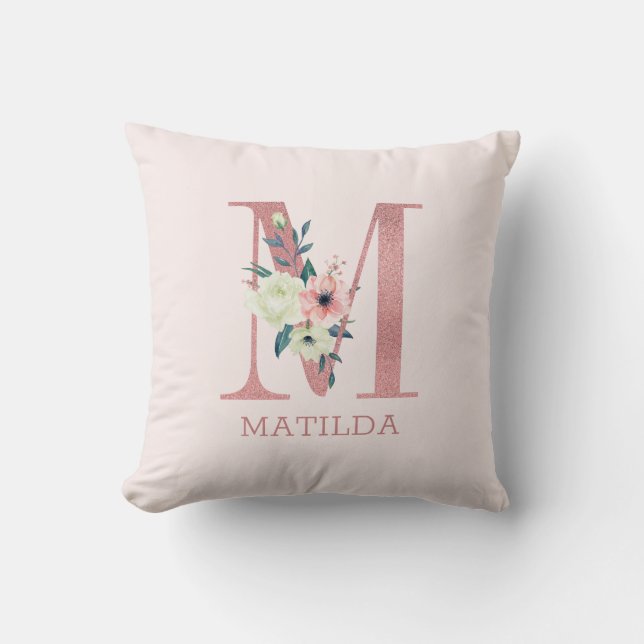 Bokstav M Rosa akvarellblommig monogrammonogram ba Kudde (Framsida)