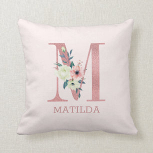 Bokstav M Rosa akvarellblommig monogrammonogram ba Kudde