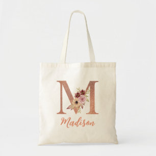 Bokstav M Roséglittrande blomster monogram Tygkasse