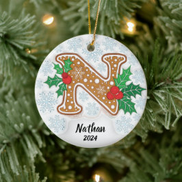 Bokstav N Anpassad Namn Monogram  Julgransprydnad Keramik