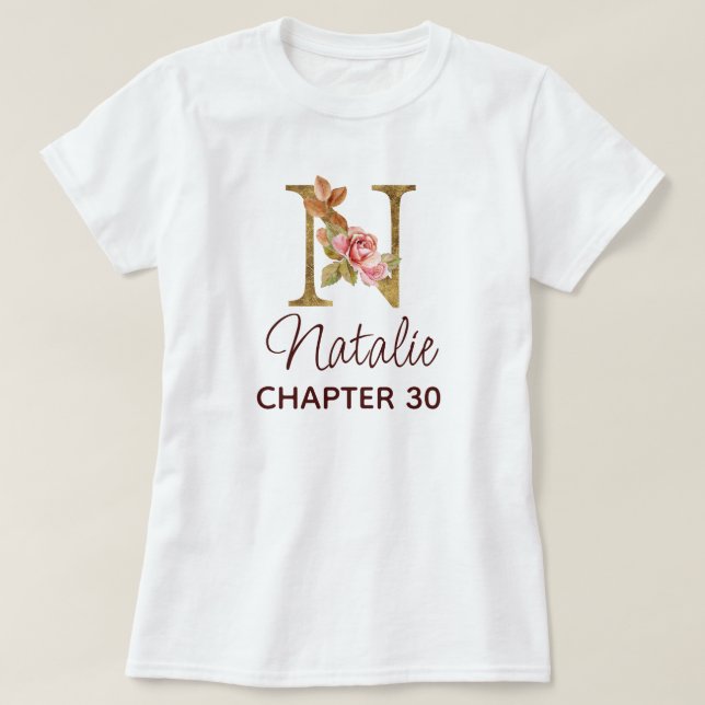 Bokstav N Guld Monogram Rosafärgade Rosor Födelsed T Shirt (Design framsida)