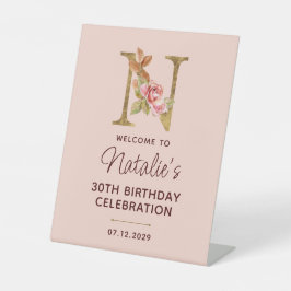 Bokstav N Guld Monogram Rosor i rosablush Sign