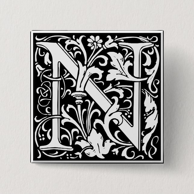 Bokstav N Medeltida Monogram Art Nouveau Knapp (Framsida)
