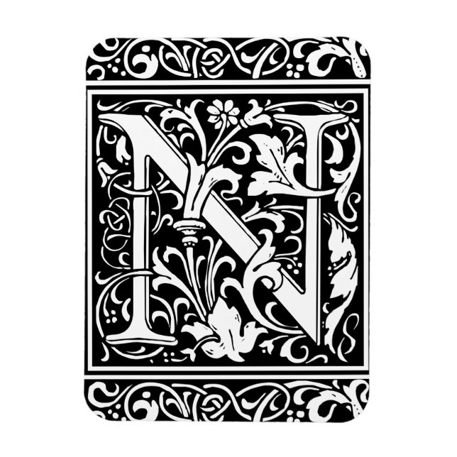 Bokstav N Medeltida Monogram Art Nouveau Magnet (Vertikal)