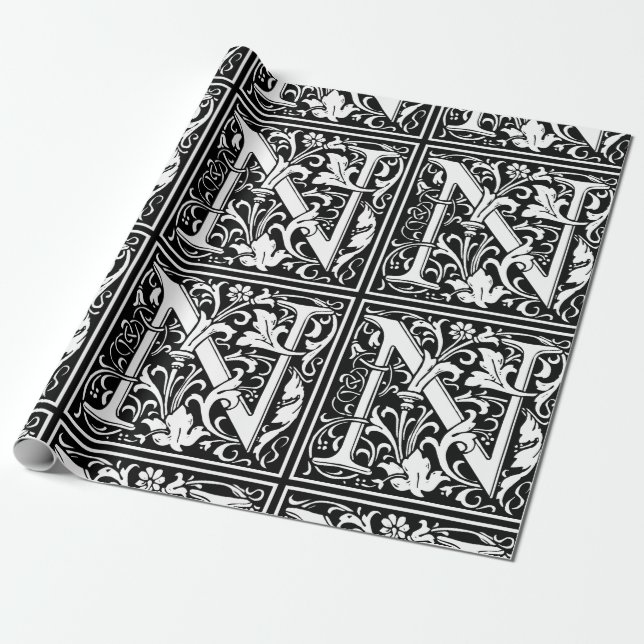 Bokstav N Medeltida Monogram Art Nouveau Presentpapper (Utrullad)