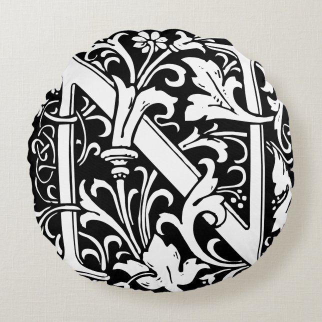 Bokstav N Medeltida Monogram Art Nouveau Rund Kudde (Framsidan)