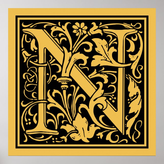 Bokstav N Medeltida Monogram Vintage Initial Poster (Framsidan)