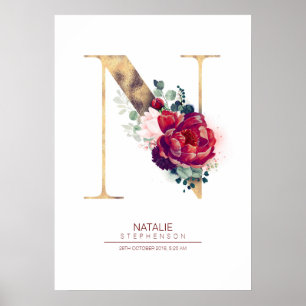 Bokstav N Monogram Blommig Burgunderröd och Guld Poster