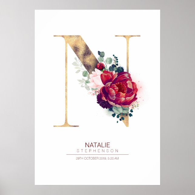 Bokstav N Monogram Blommig Burgunderröd och Guld Poster (Framsidan)