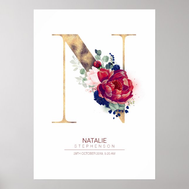Bokstav N Monogram Blommig Marinblå och Vinröd Poster (Framsidan)
