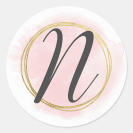 Bokstav N Monogram rosabränd Rosa akvarell Guld Ch Runt Klistermärke