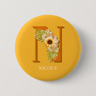 Bokstav N Solros Blommig Monogram med Namn Knapp