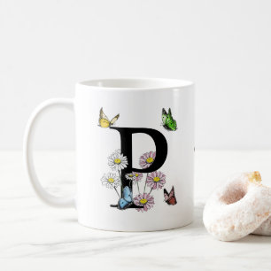 Bokstav P Blommig Fjäril Monogram Initial Kaffemugg