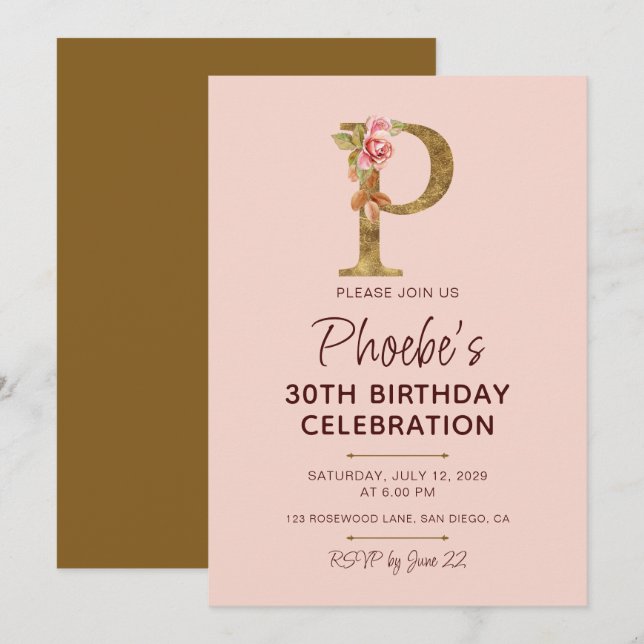 Bokstav P Guld Monogram Rosafärgade Rosor Inbjudningar (Fram/baksida)