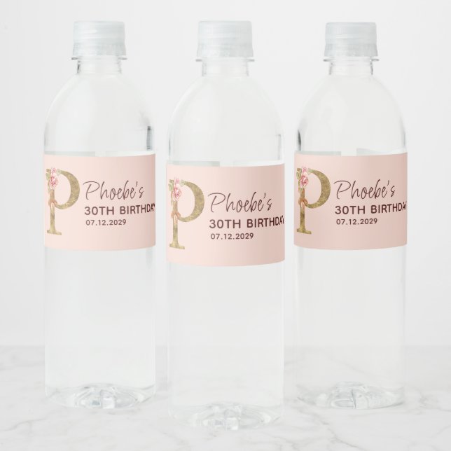 Bokstav P Guld Monogram Rosafärgade Rosor Vattenflaskor Etikett (Flaskor)
