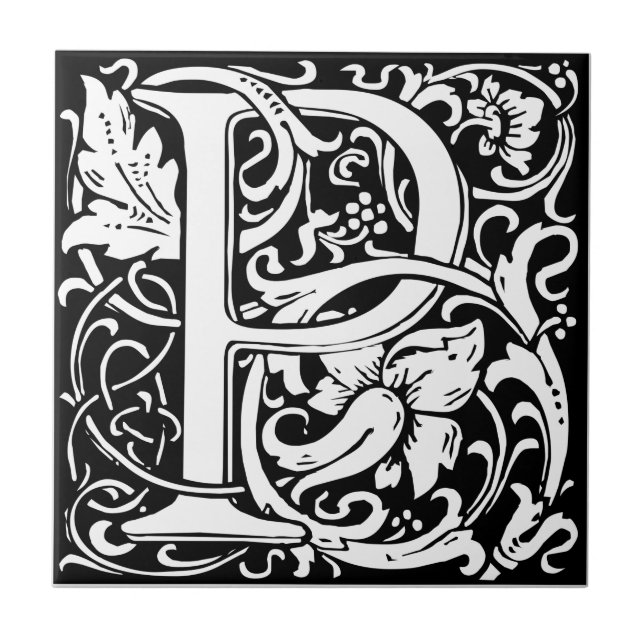 Bokstav P Medeltida Monogram Art Nouveau Kakelplatta (Framsidan)