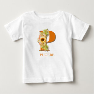 Bokstav P Solros Blommig Monogram med Namn T Shirt