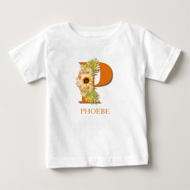 Bokstav P Solros Blommig Monogram med Namn T Shirt (Framsida)
