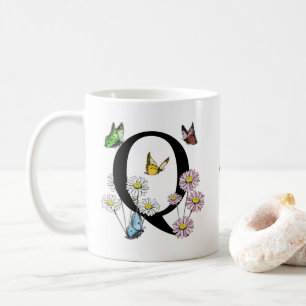 Bokstav Q Blommig Fjäril Monogram Initial Kaffemugg