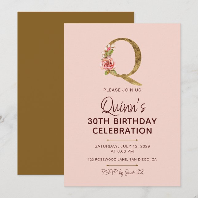 Bokstav Q Guldmonogram Rosa Rosor Inbjudningar (Fram/baksida)