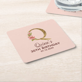 Bokstav Q Guldmonogram Rosa Rosor Underlägg Papper Kvadrat