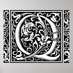 Bokstav Q medeltida monogram Art Nouveau Poster