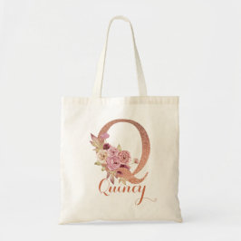 Bokstav Q Rosaglitter med blomster monogram  Tygkasse