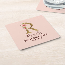 Bokstav R Guldmonogram Rosa Rosor Underlägg Papper Kvadrat