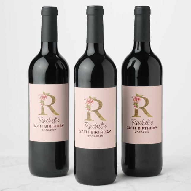 Bokstav R Guldmonogram Rosa Rosor Vinflaska Etikett (Flaskor)