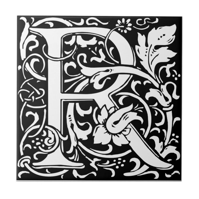 Bokstav R medeltida monogram Art Nouveau Kakelplatta (Framsidan)