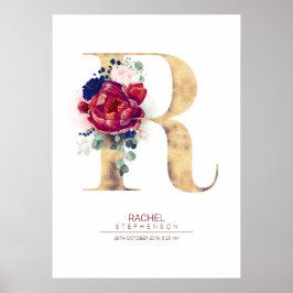 Bokstav R Monogram Blommig Marinblå och Burgunder Poster