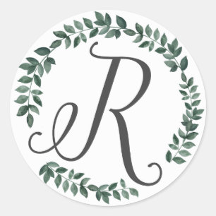 Bokstav R Monogram Minimalistisk Botanisk Bladkran Runt Klistermärke