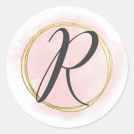 Bokstav R Monogram rosablommig Rosa akvarell Guld  Runt Klistermärke