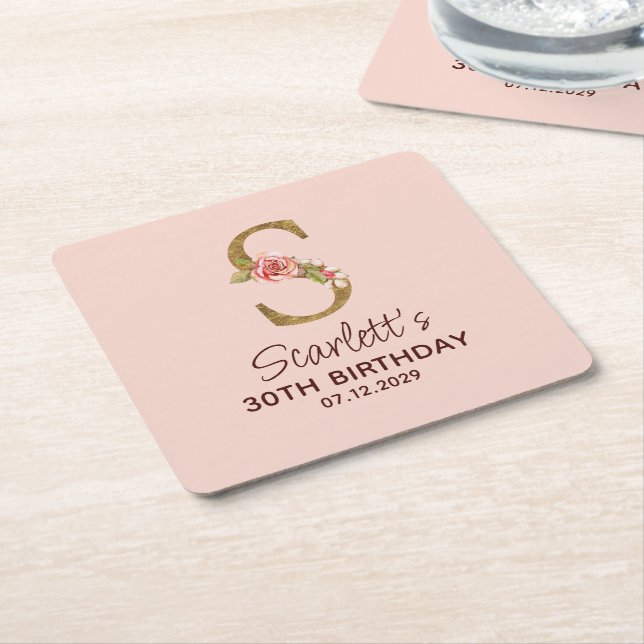 Bokstav S Guldmonogram Rosa Rosor Underlägg Papper Kvadrat (Vinklad)