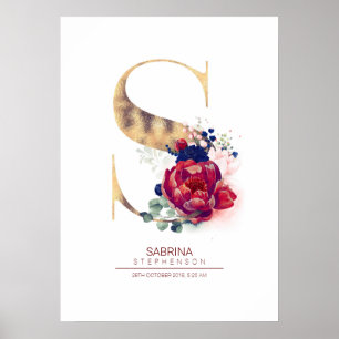 Bokstav S Monogram Blommig Marinblå och Burgunder Poster