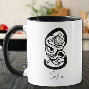 Bokstav S   Svart Monogram–Orm & Blomma Minimalist Mugg