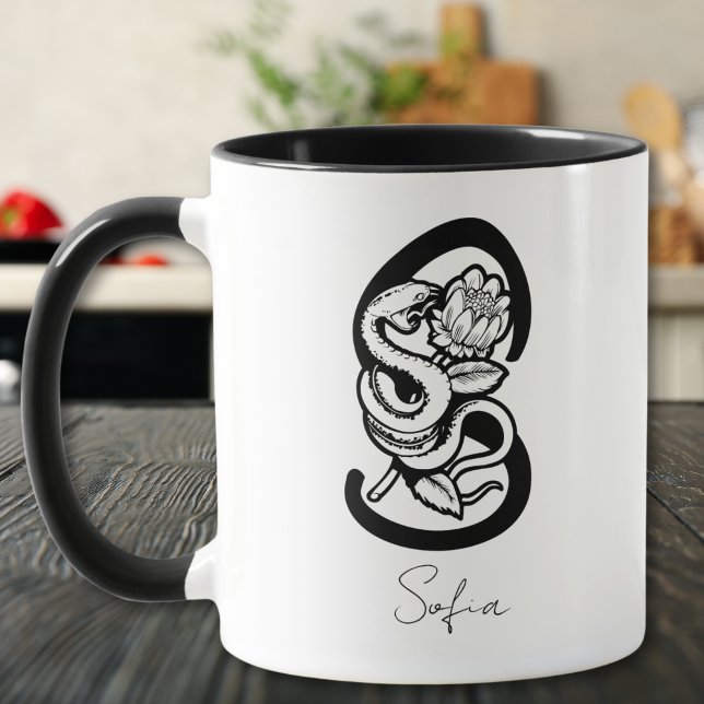 Bokstav S | Svart Monogram–Orm & Blomma Minimalist Mugg (Skapare uppladdad)
