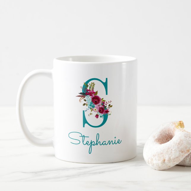 Bokstav S Teal Rosa Blommig Kaffemugg (Med munk)