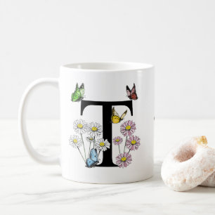 Bokstav T Blommig Fjäril Monogram Initial Kaffemugg
