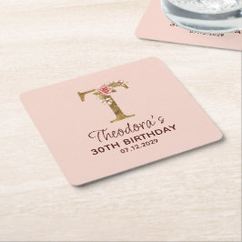 Bokstav T Guldmonogram Rosa Rosor Underlägg Papper Kvadrat