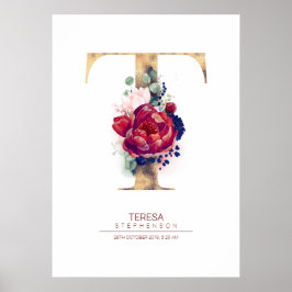 Bokstav T Monogram Blommig Marinblå och Burgunder Poster