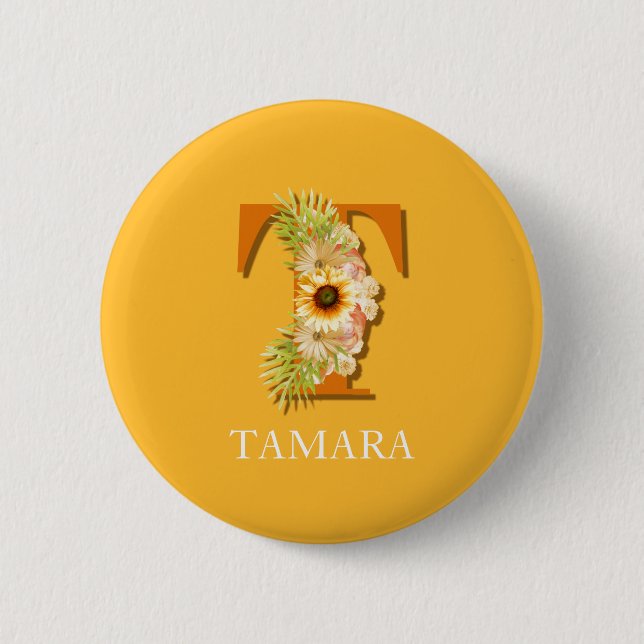 Bokstav T Solros Blommig Monogram med Namn Knapp (Framsida)