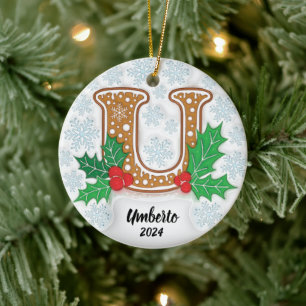 Bokstav U Anpassad Namn Monogram Jul Julgransprydnad Keramik