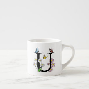 Bokstav U Blommig Fjäril Monogram Initial Espressomugg