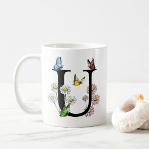 Bokstav U Blommig Fjäril Monogram Initial Kaffemugg