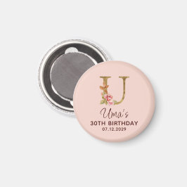 Bokstav U Guldmonogram Rosa Rosor Magnet