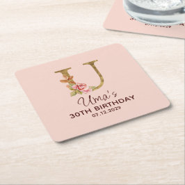 Bokstav U Guldmonogram Rosa Rosor Underlägg Papper Kvadrat
