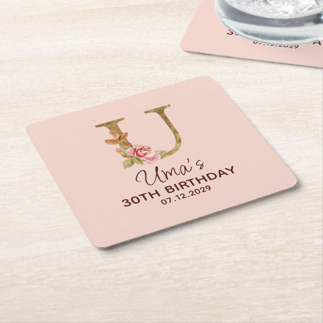 Bokstav U Guldmonogram Rosa Rosor Underlägg Papper Kvadrat (Vinklad)