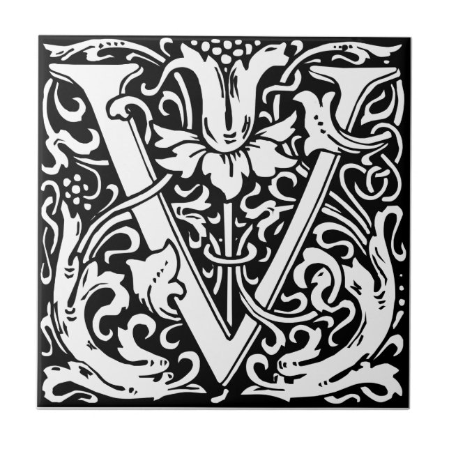 Bokstav V medeltida monogram Art Nouveau Kakelplatta (Framsidan)